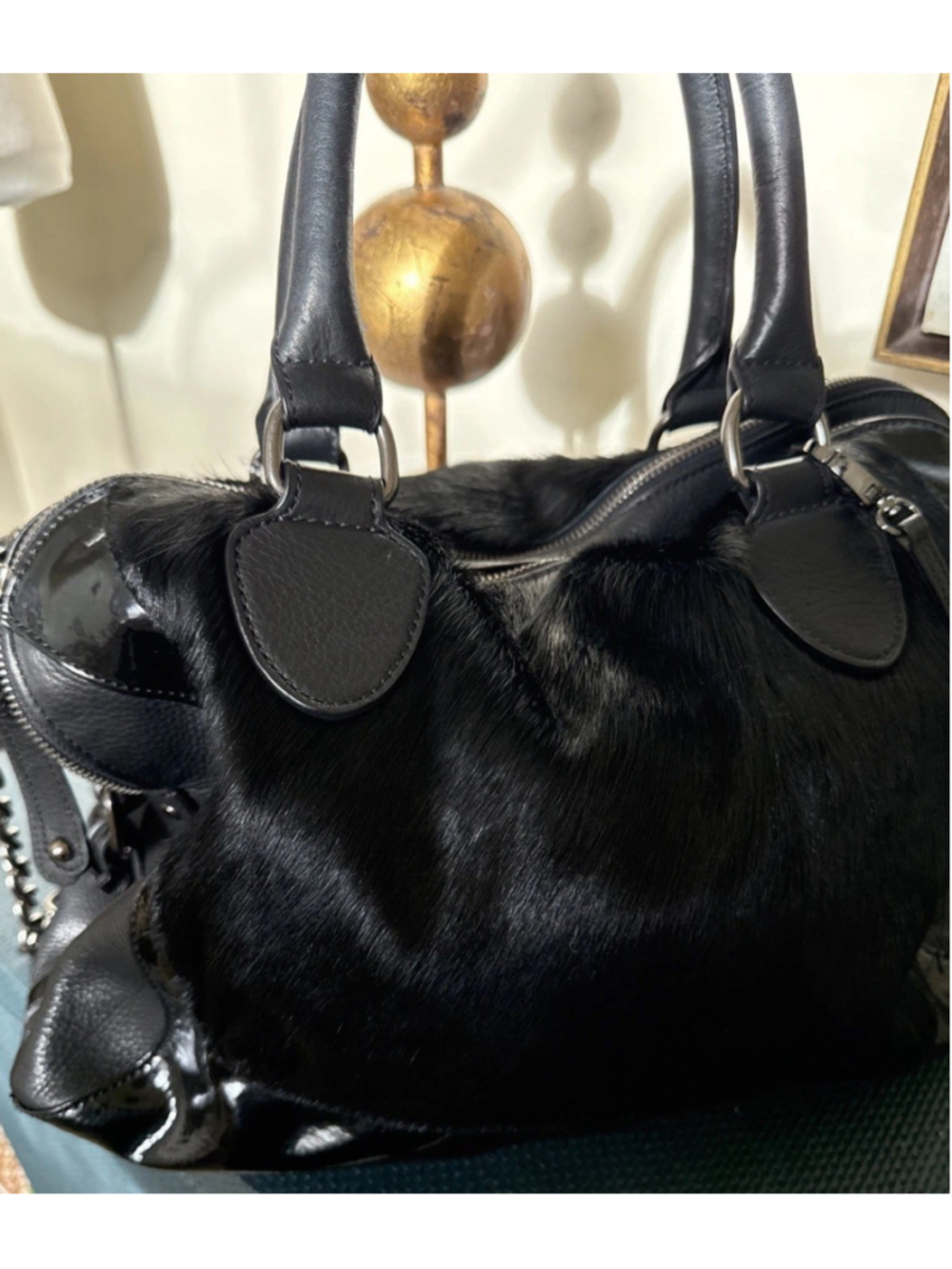 Audrey Brooke Black Calf Hair Leather Hobo Satchel Bag Large - Picture 6 of 10